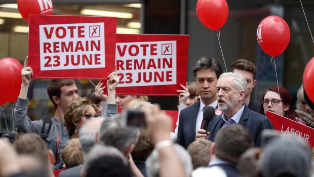 Labour Leader Jeremy Corbyn and former leader Ed Miliband campaigning in Doncaster, England, to keep the UK in the EU. 