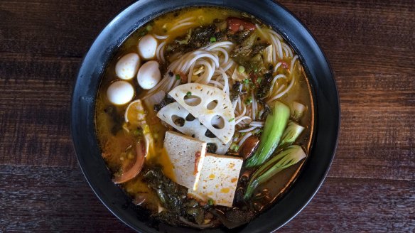 Mushroom noodle soup with pickled chilli at Tina's Noodle Kitchen.