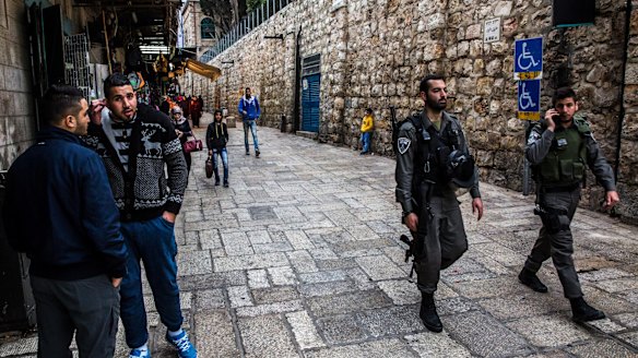 Israeli police officers patrol Jerusalem's occupied Old City.