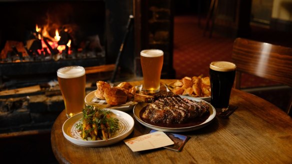 A roast served in front of a roaring fire at the Cricketers Arms in Surry Hills.