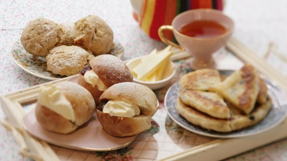 Clockwise: Stephanie Alexander's cheese scones, hinnies and devonshire splits (light yeast buns). 