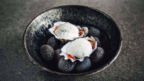 Steamed oysters with sujuk, soured yoghurt and plankton.
