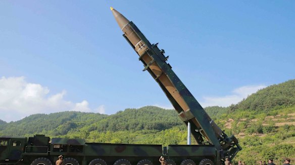 A file photo of what North Korea says was the launch of a Hwasong-14 intercontinental ballistic missile in early July.