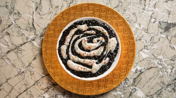 Risotto nero e bianco: squid ink rice with an emulsion of buttermilk, white wine and vinegar.