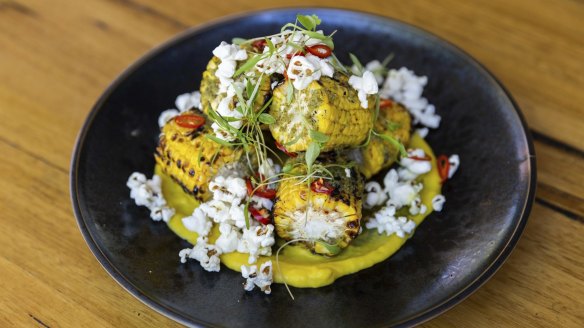 Grilled sweetcorn with corn puree and popcorn.