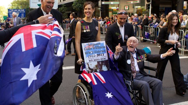 People join the Anzac Day march from Martin Place Cenotaph to Hyde Park via George and Bathurst streets in 2013.