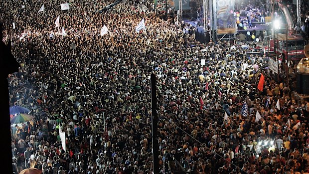 Greek Prime Minister Alexis Tsipras addresses his supporters during a "No" campaign rally in Syntagma Square in preparation for Sunday's referendum.