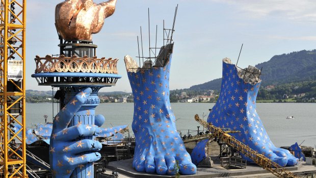 Building the stage for the lakeside production of <i>Aida</i> in Bregenz, Austria, in 2011. 