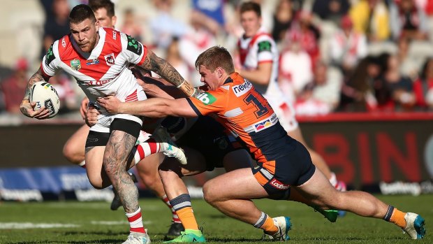 Star power: St George's NSW Origin representatives, including Josh Dugan (pictured), lifted the Dragons to overcome the 18-point deficit to win the game in the second half.