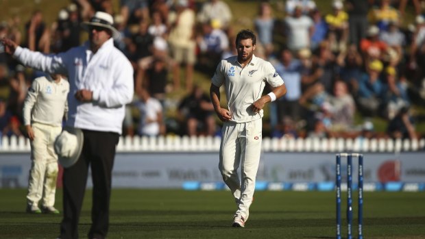 Doug Bracewell reacts after bowling Adam Voges off what was mistakenly called a no-ball.