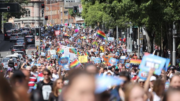 Thousands of people march in support of Marriage equality near Victoria Park in Sydney on Saturday. 