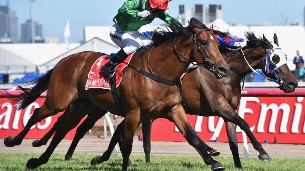 Getting Loose:  Kerrin McEvoy rides Turn Me Loose to victory in the Emirates Stakes.