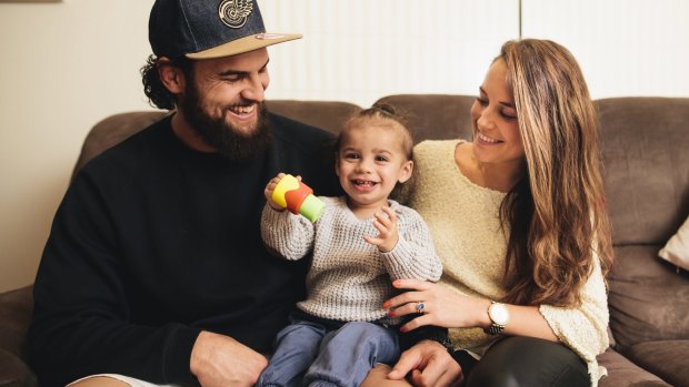 Brumbies forward Jordan Smiler with son Keanu and wife Stacey.