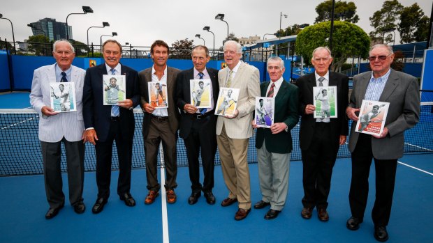 Tennis greats including Ashley Cooper were honoured as Australia Post legends this year. Pictured are: Neale Fraser, John Newcombe, Pat Cash, Ashley Cooper, Fred Stolle, Ken Rosewall, Tony Roche and Frank Sadgman.