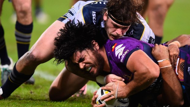 Unstoppable force: Tohu Harris touches down for the Storm.