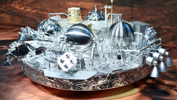 A model of Mars landing device Schiaparelli on display at the European Space Agency in Darmstadt, Germany .