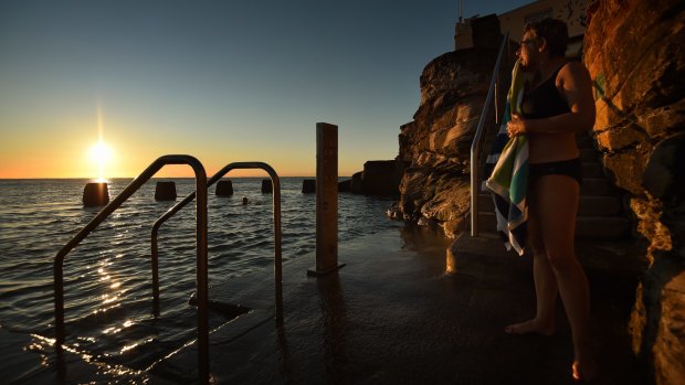 Sue Bush, 56, from Clovelly dries off after a morning swim at the Coogee Baths last week. 