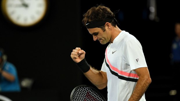 Roger Federer celebrates his win.
