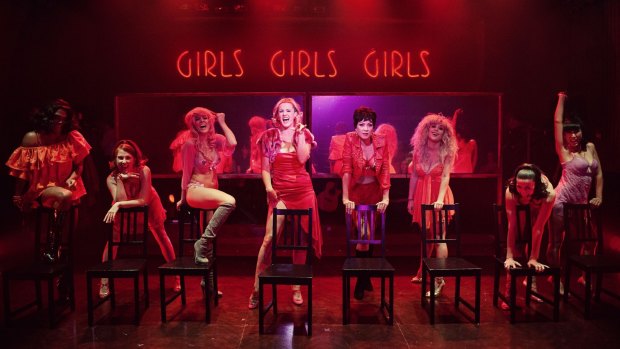 Hey big spender: Verity Hunt-Ballard, second from left, as Charity and the dance hall girls in <i>Sweet Charity</i>.