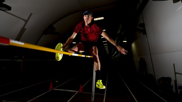High jumper Brandon Starc training at the AIS on Friday. Starc is targeting a medal at the Rio Olympics.