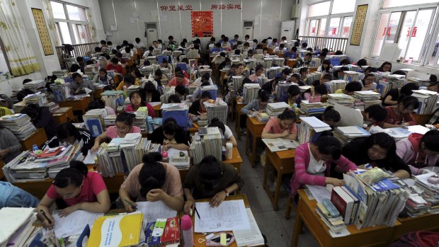 Students prepare for the university entrance exam in a classroom in Hefei, Anhui province.