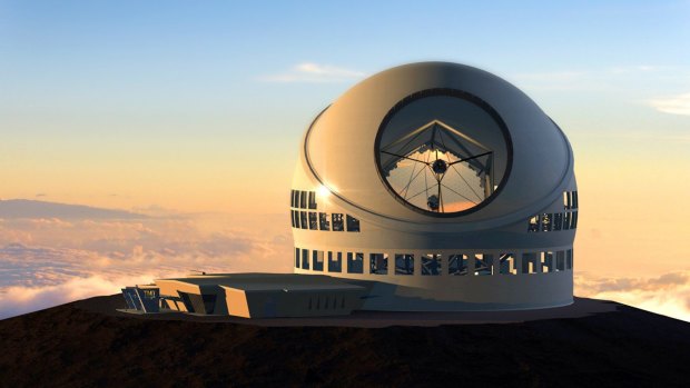 An artist rendering of the proposed Thirty Metre Telescope, planned to be built atop Mauna Kea, Hawaii.