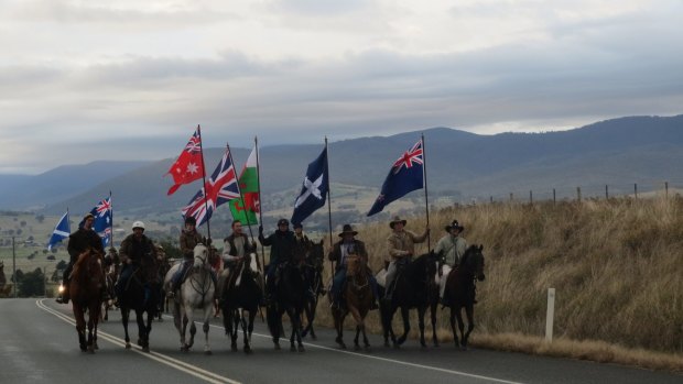 Horsemen and women ride at Merrijig on Anzac Day to remember horses killed in war.