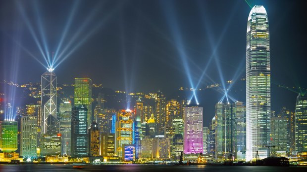 Hong Kong skyline across Victoria Harbour. 