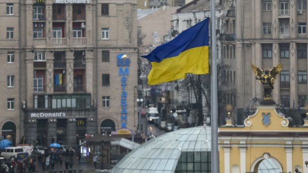 The Ukrainian flag flies at half-mast in a sign of mourning.