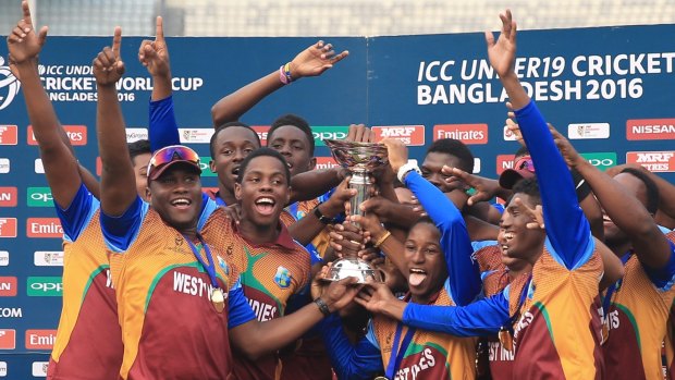 Champions: West Indies players celebrate after winning the ICC Under-19 Cricket World Cup final  against India in Dhaka.
