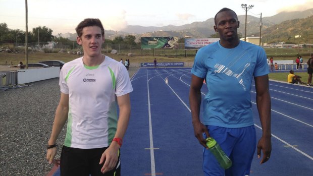 Learning curve: Jarrod Geddes and Usain Bolt training in Jamaica.