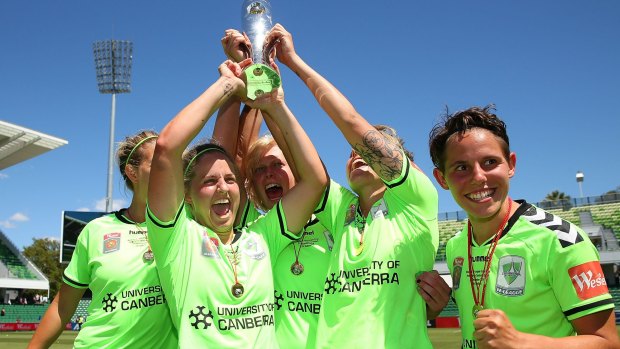 Ellie Brush celebrates Canberra's W-League grand final victory in December 2014.