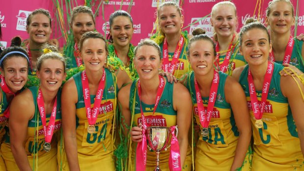 Winners are grinners:  The Diamonds after winning the third match against England.
