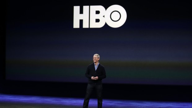 Apple CEO Tim Cook talks about HBO Now during the Apple event.