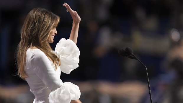 Crowd in raptures: Melania Trump waves after delivering her speech.