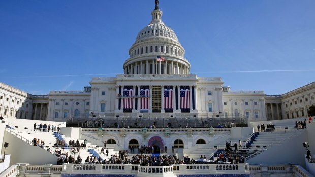 The US Capitol frames the backdrop over the stage during a rehearsal of President-elect Donald Trump's swearing-in ceremony in Washington.