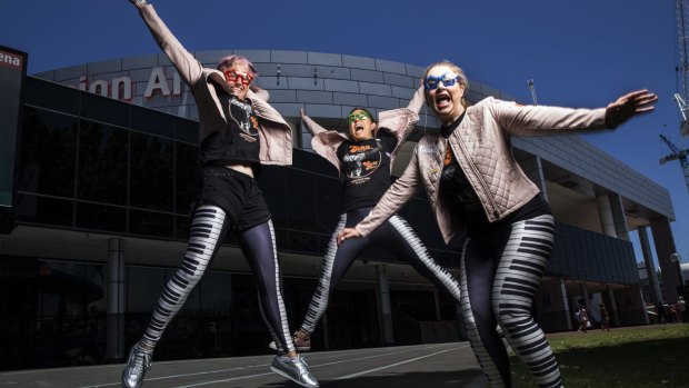 Fans for life: Treena Skeggs-Grant, Natasha Holtmeulen and Rebecca Hawke get ready for Elton John's performance at the Sydney Entertainment Centre.