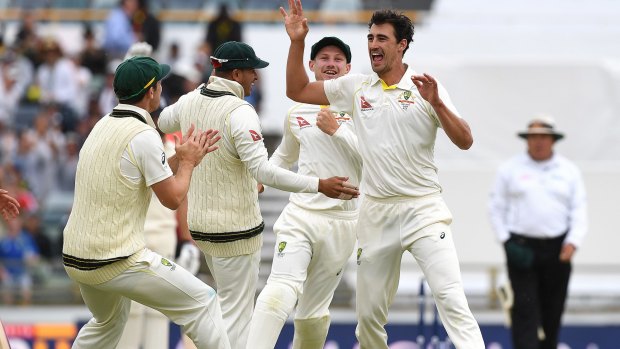 Bruised heel: Mitchell Starc celebrates his dismissal of James Vince in Perth. His condition emerged over the course of the third Test.