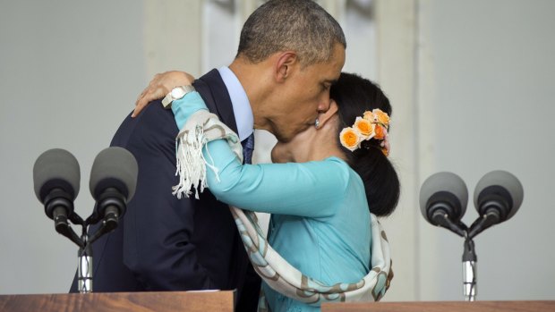 US President Barack Obama embraces Aung San Suu Kyi on November 14.