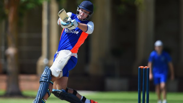 Jos Buttler plays a pull during an England nets session in Adelaide on Friday.