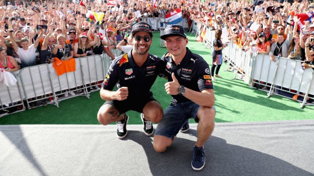Crowd pleasers: Daniel Ricciardo with Red Bull teammate Max Verstappen.