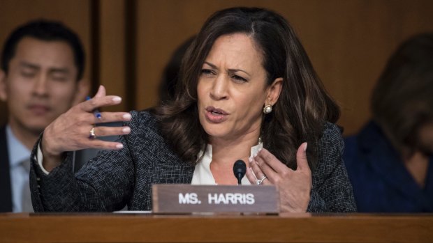 Democratic senator Kamala Harris questions former FBI director James Comey about a series of conversations with President Donald Trump.