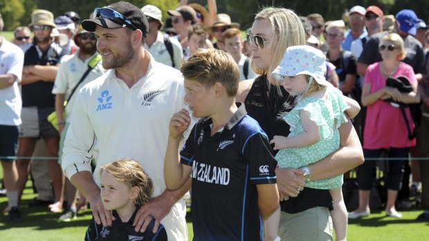 McCullum with his wife Elissa and children after the Test ended.