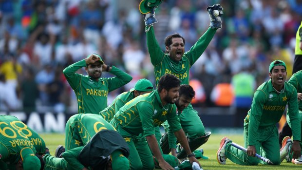 Pakistan celebrate with a prayer after winning the ICC Champions Trophy Final.