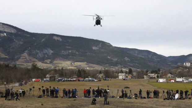 A rescue helicopter taking off from Seyne-les-Alpes, France, to search for the 150 victims who died.