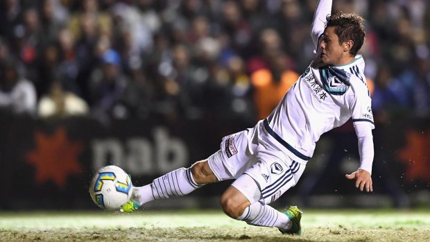 Marco Rojas of the Victory scores a goal during the Victory's FFA Cup match against Bentleigh Greens on Tuesday night.