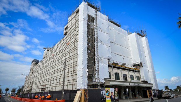 Under wraps: The Palais shrouded in scaffolding last month.