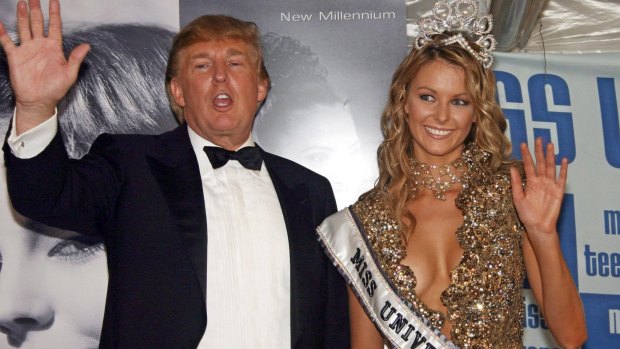 Jennifer Hawkins with Donald Trump after she was crowned as Miss Universe 2004. 