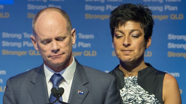 With wife Lisa by his side, Campbell Newman concedes defeat at the 2015 Queensland election.