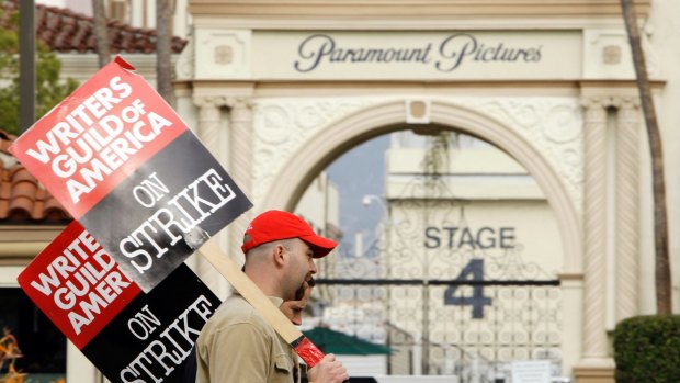Striking film and television writers picket outside Paramount Studios in Los Angeles in 2008.